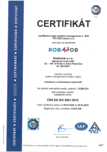 Sken certifikátu ISO 9001 adresovaného pro ROB4JOB. Důkaz o tom, že naše společnost zavedla a používá systém managementu kvality.