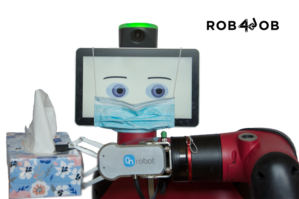 Sawyer andy wearing a face mask. Satyrical image to show the safety cobots provide